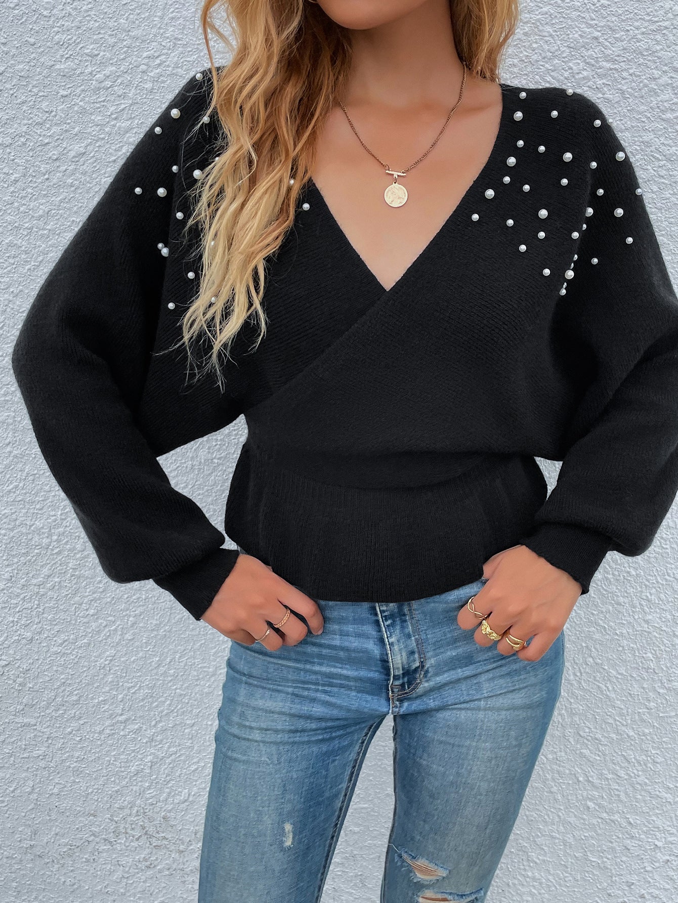 Knitted Double V-neck Bead Pullover Sweater