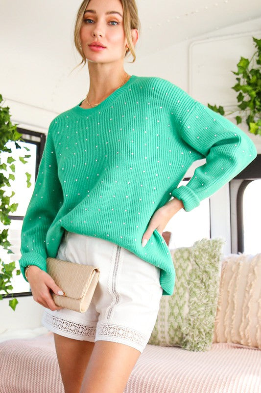 The Green Rhinestone Sweater Top