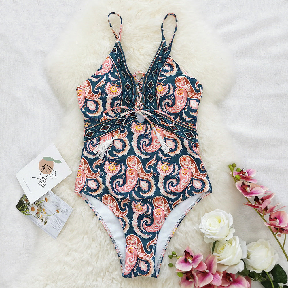 Classic Lace-up Tassel Hollow Backless Jumpsuit Suspender Swimsuit Female New One-Piece High Waist